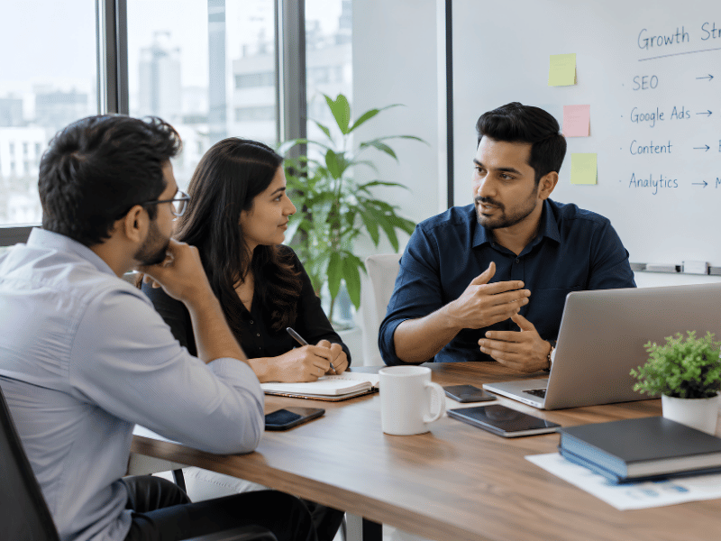 Marketing team comparing SEO and paid advertising strategies